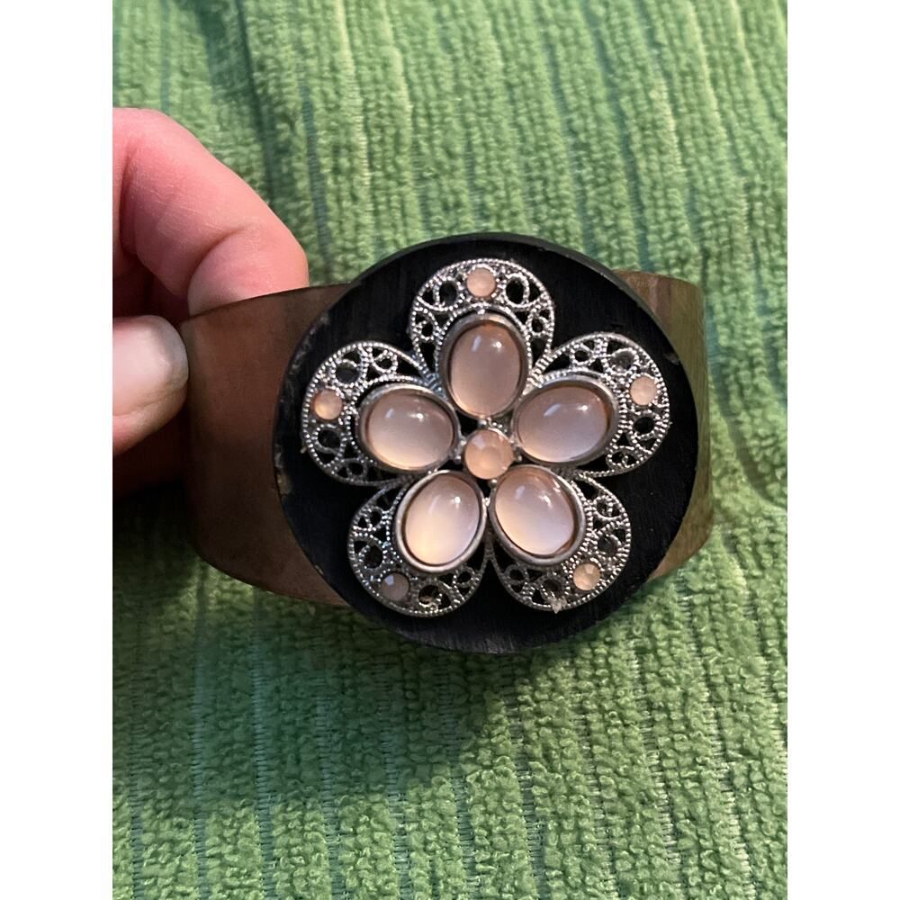 Handcrafted leather and metal filigree cuff bracelet